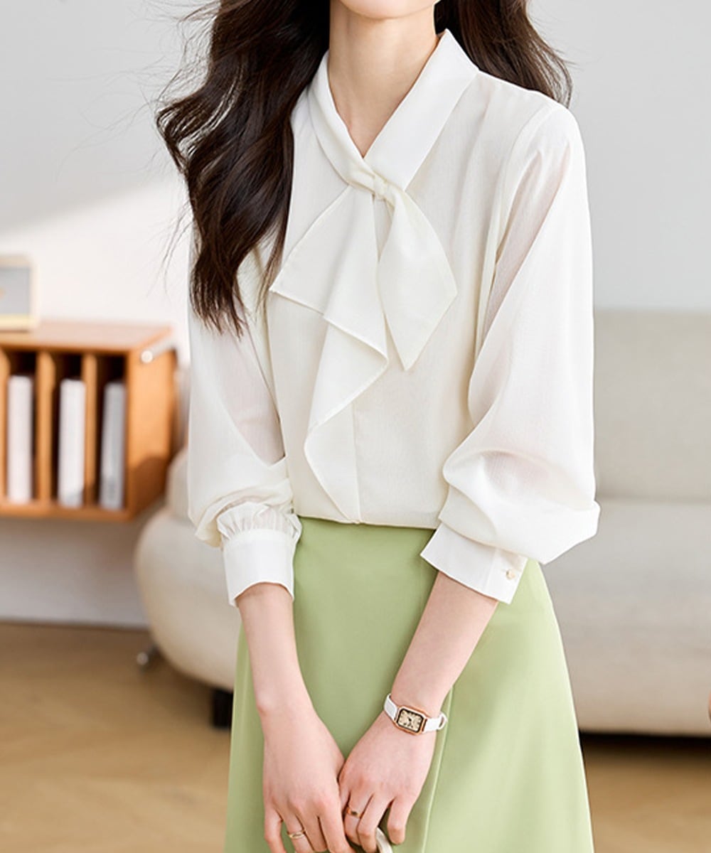 国内即納 リボンタイブラウス レディース長袖シャツ 84LIUJIE-001