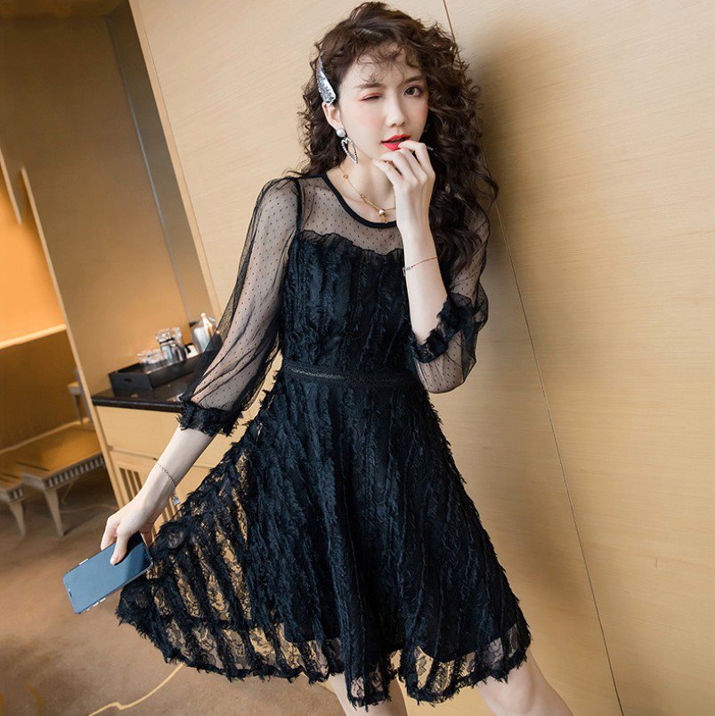 ワンピース 秋新作 七分袖aラインワンピース Olワンピース オフィスカジュアルワンピース ハイウエスト お出かけワンピース レース レディースファッション エレガント お呼ばれ 膝上丈 通勤 新品入 レディース服