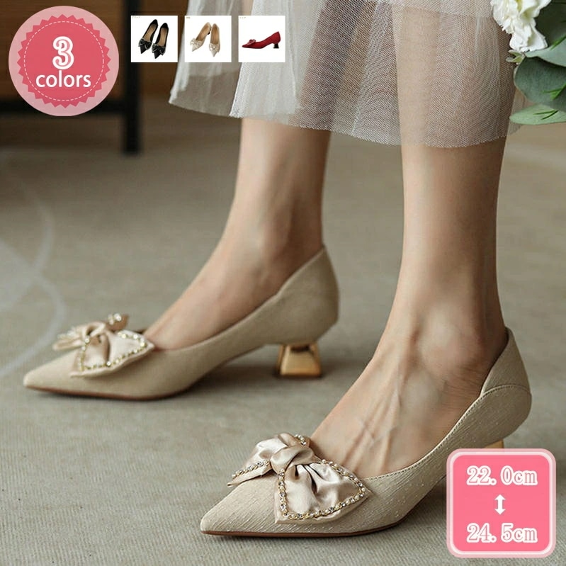 1000円OFFクーポン レディースパンプス ポインテッドトゥ パンプス 蝶結び 5cmヒール 走れる 脱げない 女性 小さいサイズ 大きいサイズ 春夏 靴 シューズ 太めヒール ミドルヒール 美脚