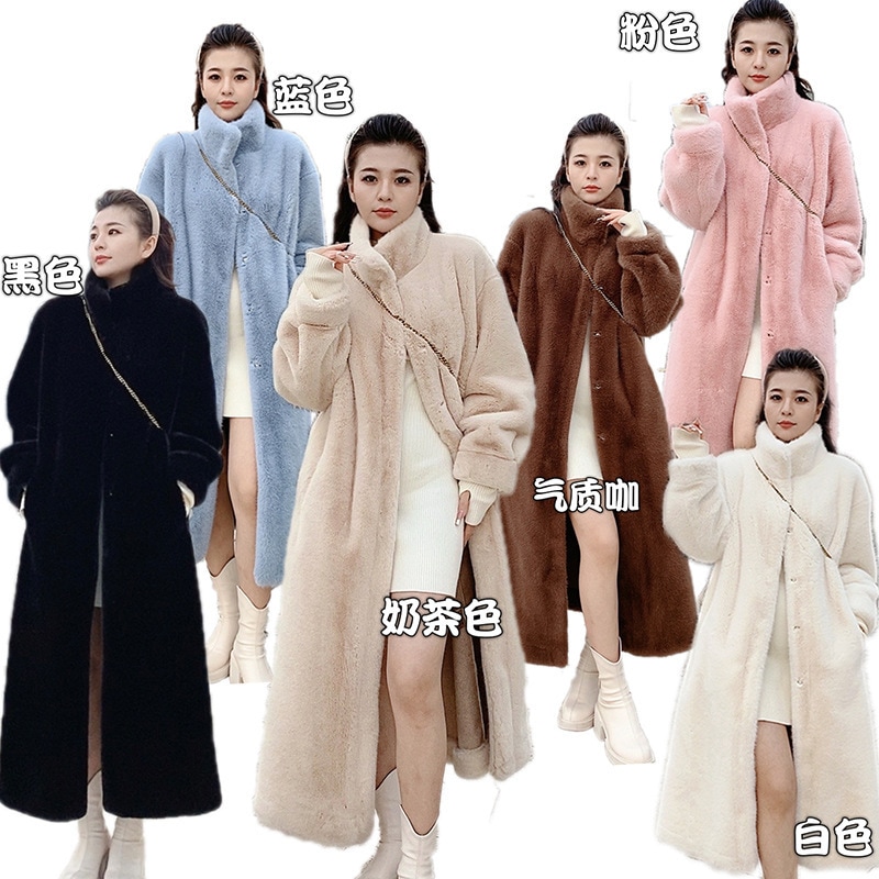 韓国ベルベットコート女性のロング 2024 冬の新スタイルスタンドカラースリムファッションプラスベルベット肥厚毛皮コート