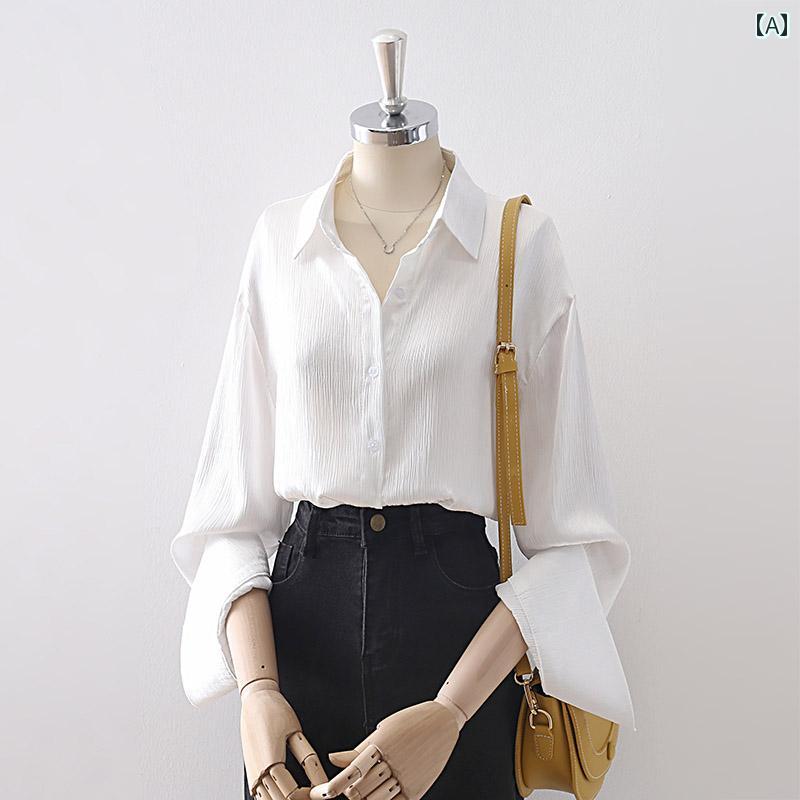 レディース シャツ ブラウス 長袖 春秋 白 良質感 サテン風 薄手 シャツ襟 ランタンスリーブ ドレープ シングルブレスト 優雅 光沢 柔軟 シック モダン 快適 洗練 ベーシック 多用途