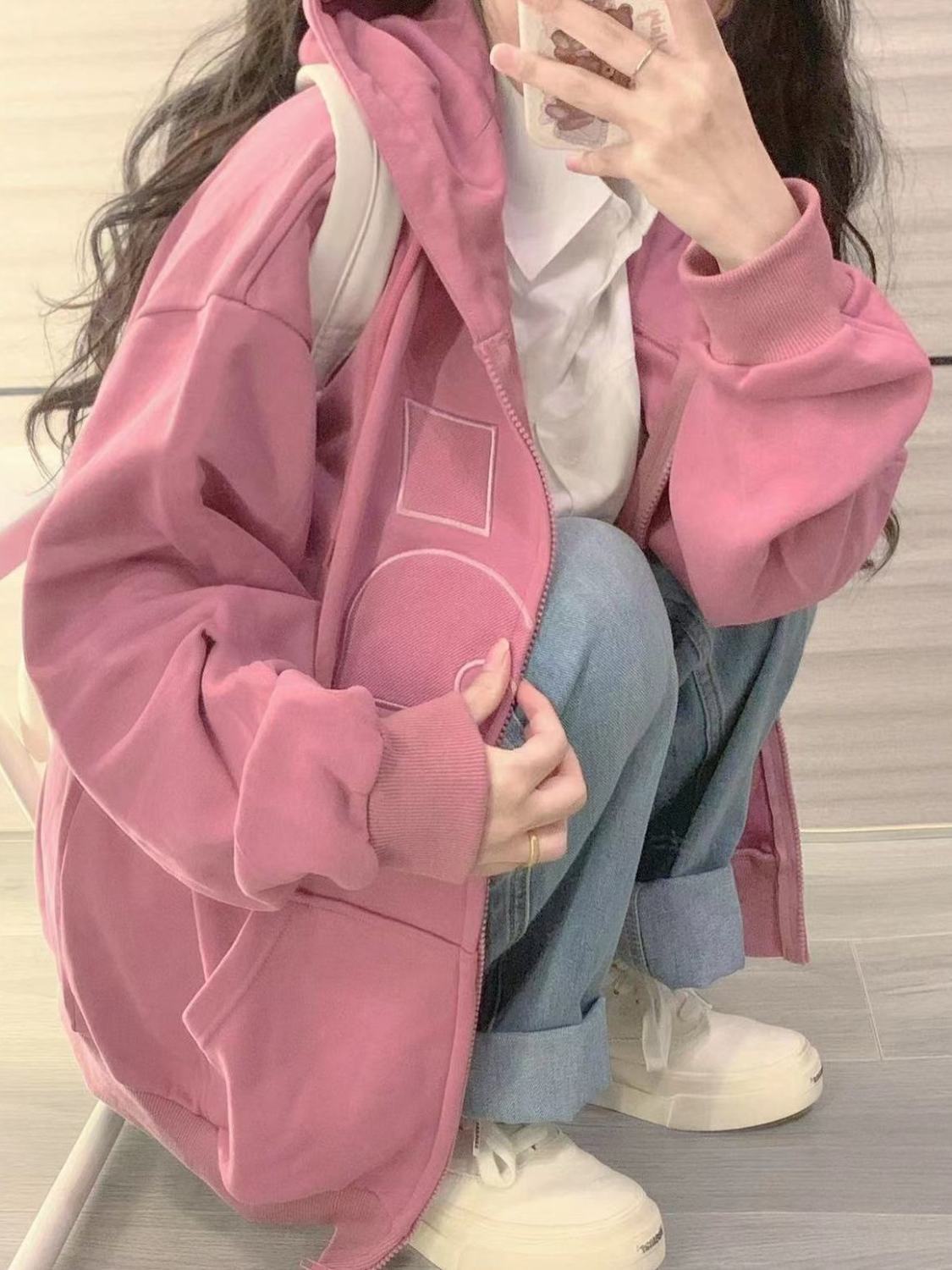 春と秋のスーパーホワイト梅色フード付きトレーナー女性和菓子ルーズカジュアルスリムジッパージャケット