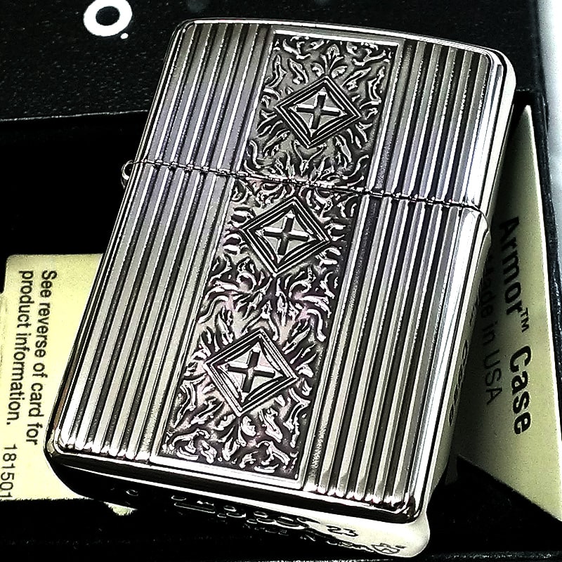 ZIPPO アーマー アラベスク クロス ジッポ ライター 両面加工 中世模様 おしゃれ 彫刻 シルバー ストライプ 銀燻し かっこいい レディース メンズ プレゼント ギフト