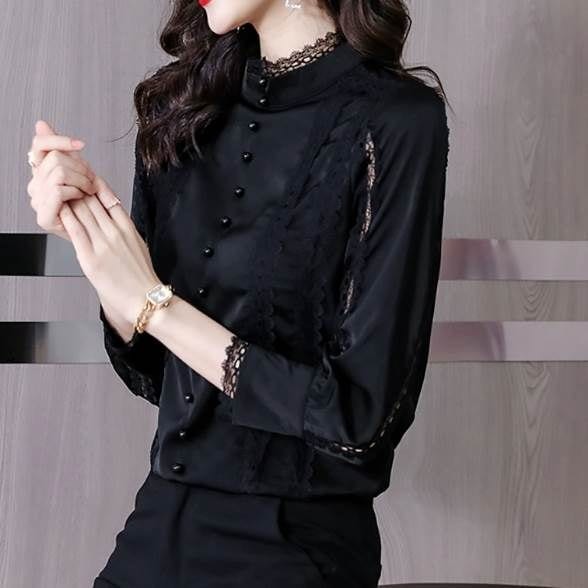 レトロ こなれ感 無地 シャツ かっこいい プルオーバー ブラウス デザインボタン ス シンプル クール オールシーズン 袖付き 個性的 透け感 ハイネック 大人 きれいめ 大人女子 アジアン 7分袖