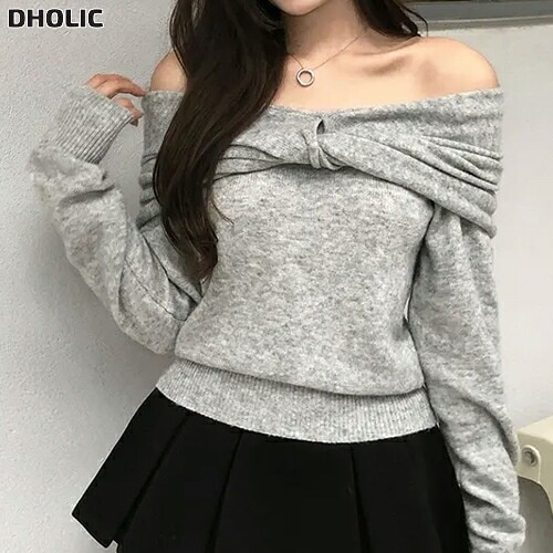 ツイストギャザー長袖ルーズオフショルダーニット・1950693