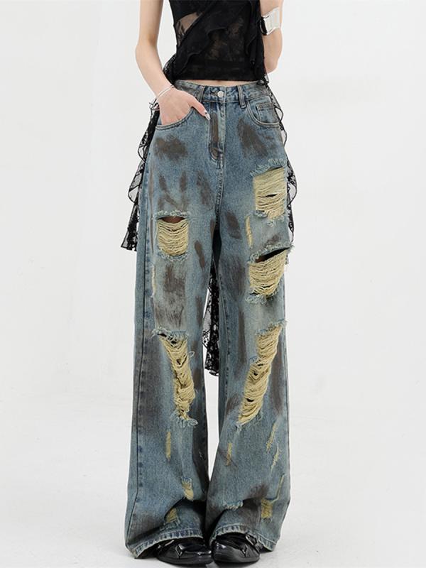 デニムパンツ レディース ボトムス タイダイ ジーンズ ダメージ加工 レトロ アメリカン ストレート ワイド 夏秋 ブルー