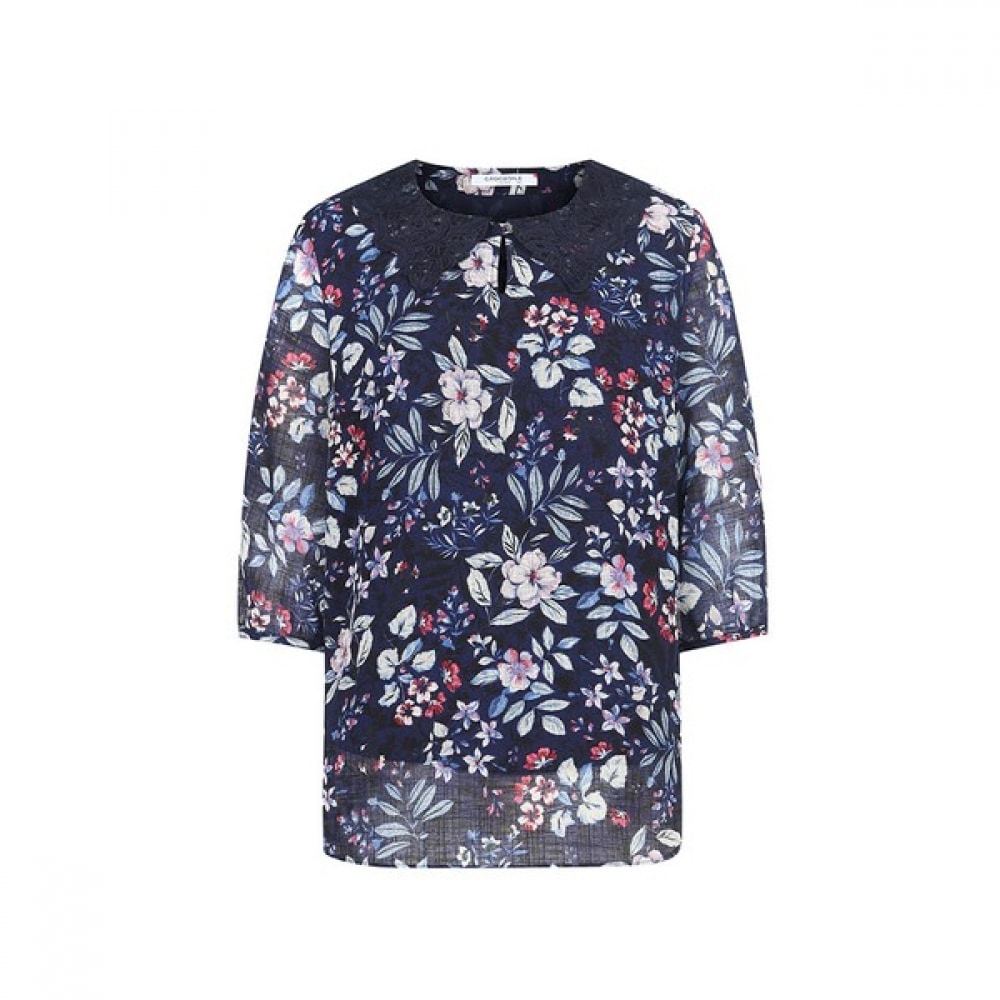 [クロコダイルレディ] ネイビーレースカラーシフォンブラウスCLCMBL105