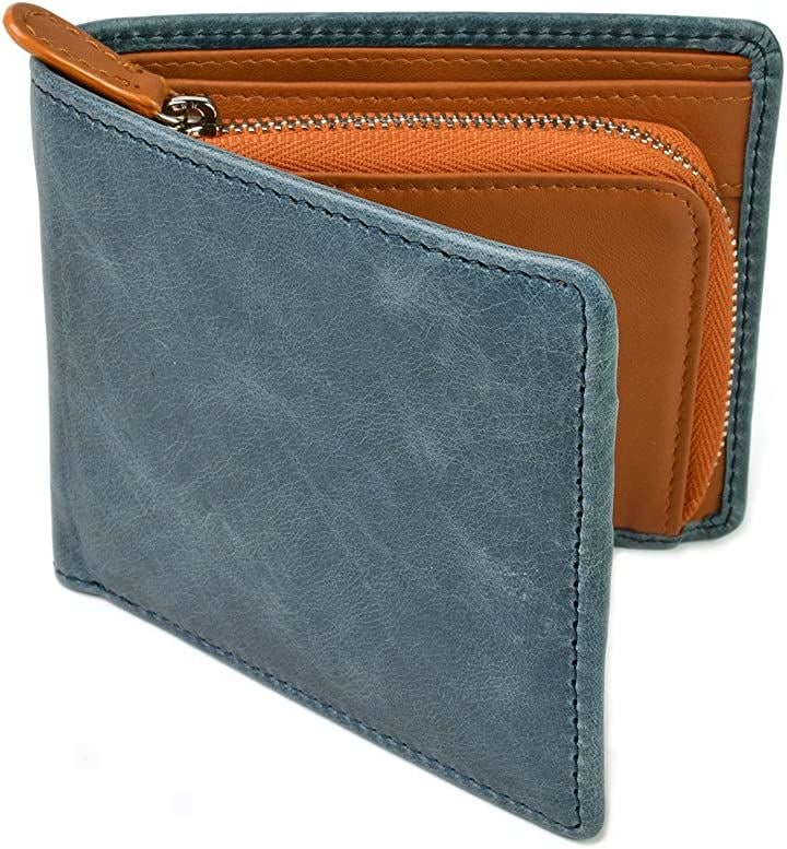 二つ折り財布 牛革 本革 メンズ バロンレザー 大容量 カード13枚 小銭入れ L字ファスナー プレゼント( ネイビー/タン)