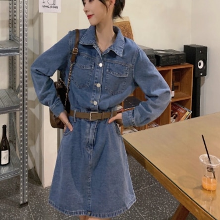 デニムミニ丈ワンピース ワンピース ミニ丈 長袖 Vネック Aライン ウエストマーク デニム