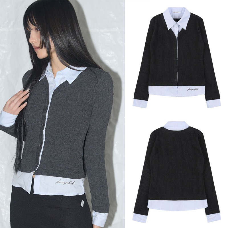 STRIPE SHIRT LAYERED CARDIGAN (CHARCOAL)_F24ZB066 / ストライプシャツレイヤードカーディガン