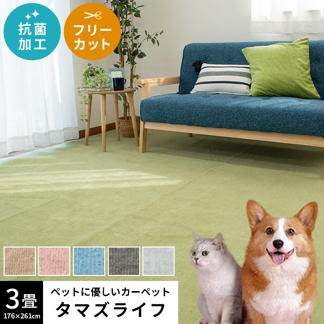 ラグマット 3畳 夏 江戸間 ペット対応 カーペット 日本製 フリーカット 抗菌加工 平織り 長方形 3帖 176X261cm わんこ ネコ 無地 タマズライフ E3-TAMASLIFE