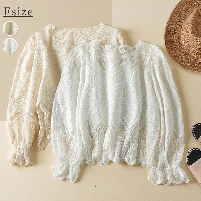 レース ブラウス レディース トップス 長袖 レースブラウス 重ね着 夏 プルオーバー Tシャツ 花柄 透かし彫り シースルー 透け感 無地 ホワイト ブラック 体型カバー 刺繍 ゆったり カジュア