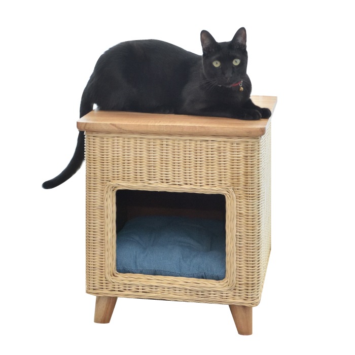 ペットスツール 椅子 ローテーブル 2WAY ペットハウス 猫ちぐら スツール ペットグッズ 猫 犬 小型犬 小動物 クッション 木製 ペット ラタン ベッド 収納 脚付 ボックス 四角 天然木