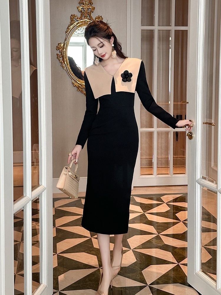 【JY.上品】 2025秋冬新品 ドッキング ワンピース フラワー飾り ドレス パーティー キャバ 大人 同窓会 披露宴 卒業式 結婚式 演奏会 ウェディング 二次会 メガ割