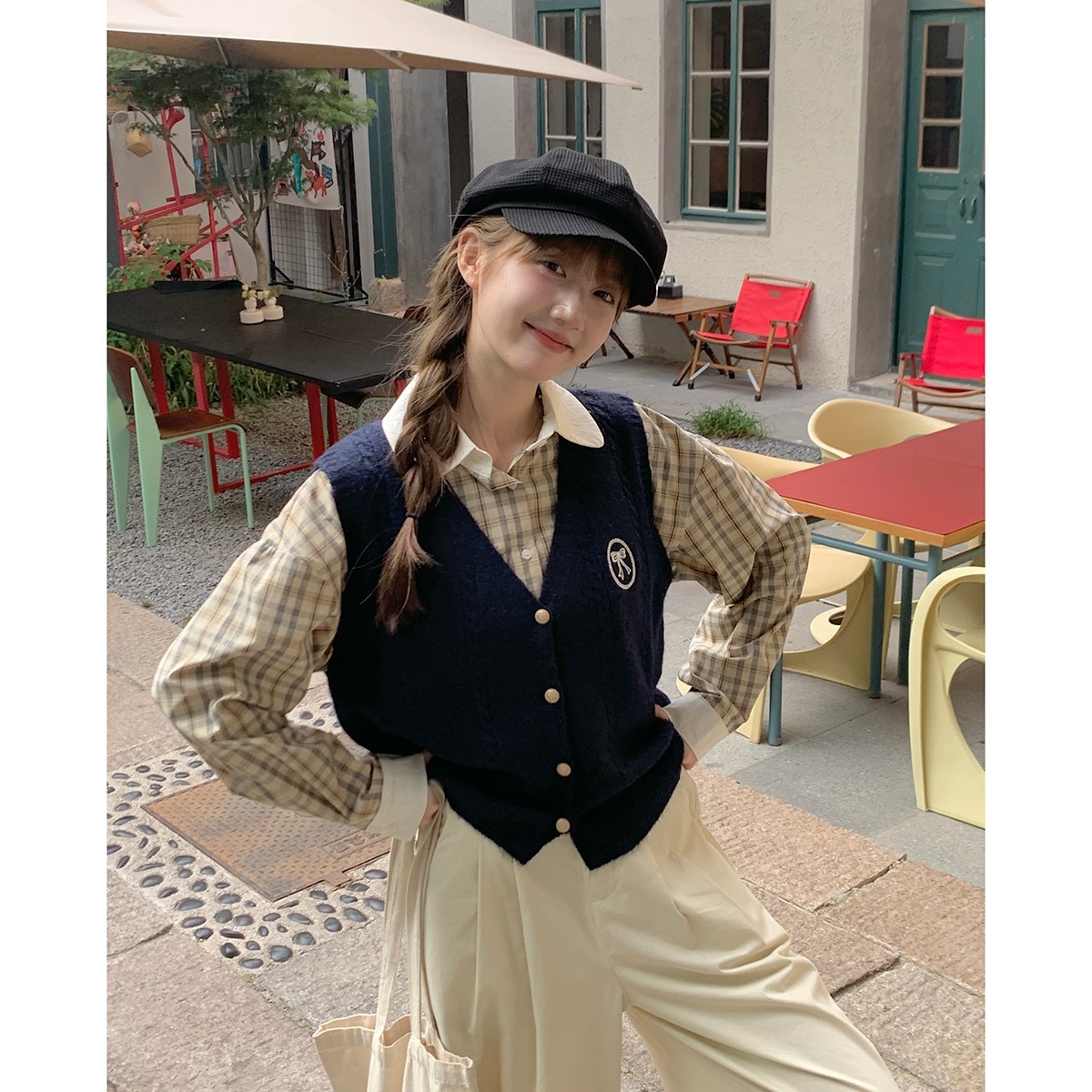 女性用刺繍vネックチョッキトップス2024秋ボウタイカレッジスタイルニットカーディガン