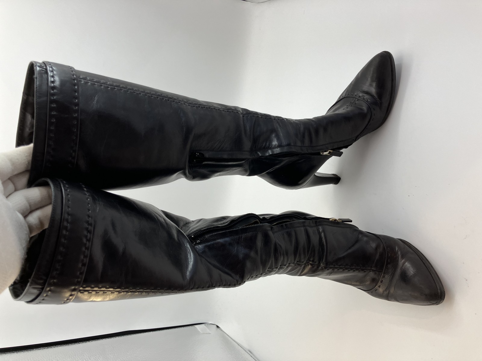レザー ロングブーツ ブラック (EU 35.5)(US 5.5)(22.5 cm)(8.86 inch) ヒール8.5cm 箱袋付