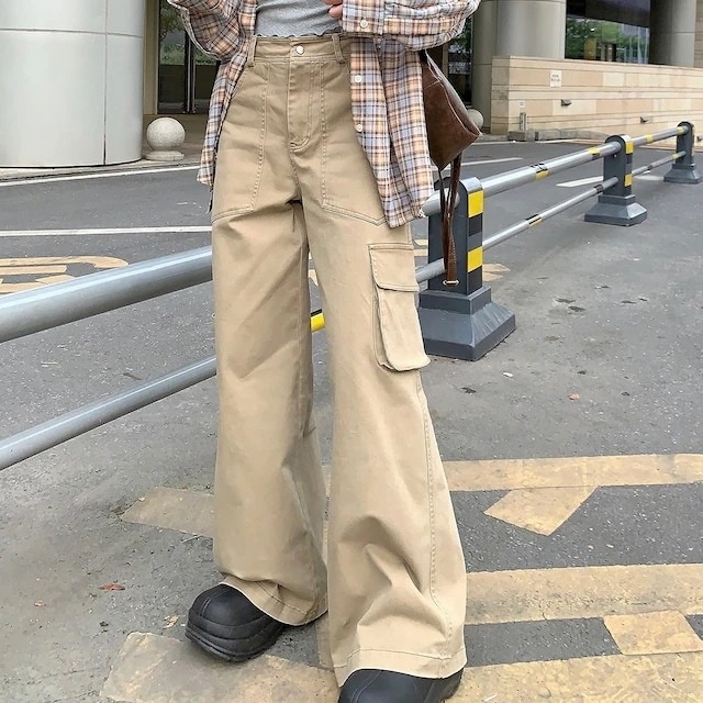 2024春夏パンツ カーゴパンツ ポケット ワイド ストレート ハイウエスト 脚長効果 美脚効果 細見え ベージュ カジュアル おしゃれ かわいい 韓国ファッション レディース お出かけ安い