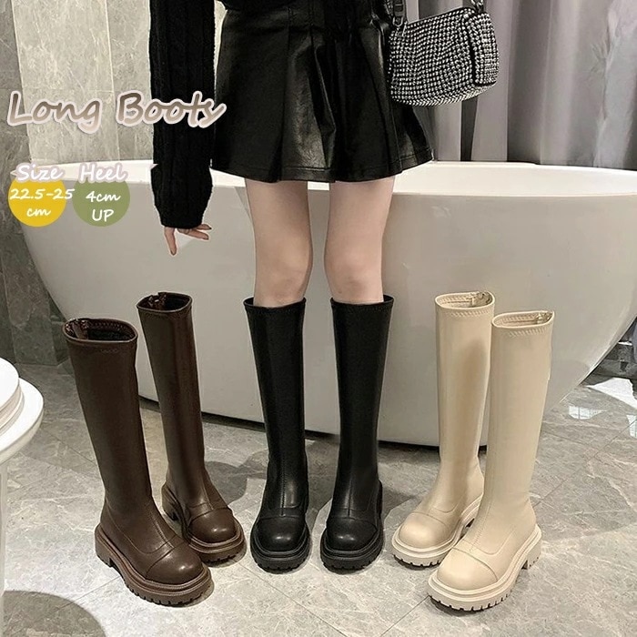 厚底ブーツ ロングブーツ レディース ジョッキーブーツ 乗馬ブーツ ロング丈 後ろジップ ローヒール 4cmヒール 22.5cm-25cm ジッパー ダンスシューズ コスプレ靴 コスプレブー