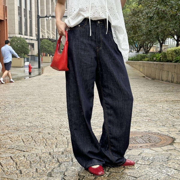 韓国ファッション ステッチ ハイウエスト デニム 生地 ワイド パンツ