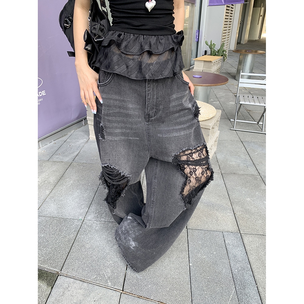 レースダメージブラックデニム レースステッチワイドダメージジーンズ ブラックジーンズ ジーンズ デニム デニムパンツ ダメージデニムパンツ レディース ワイドジーンズ ワイドデニム y2k 美脚 スト