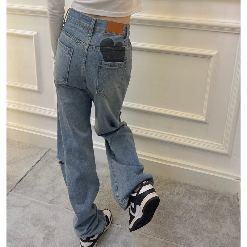 レディース デニムパンツ ジーンズ ワイドレッグ ワイド ハイウエスト カットアウト デニム ブルーデニム かわいい シンプル カジュアル おしゃれ かっこいい こなれ感 ラフ メンズライク