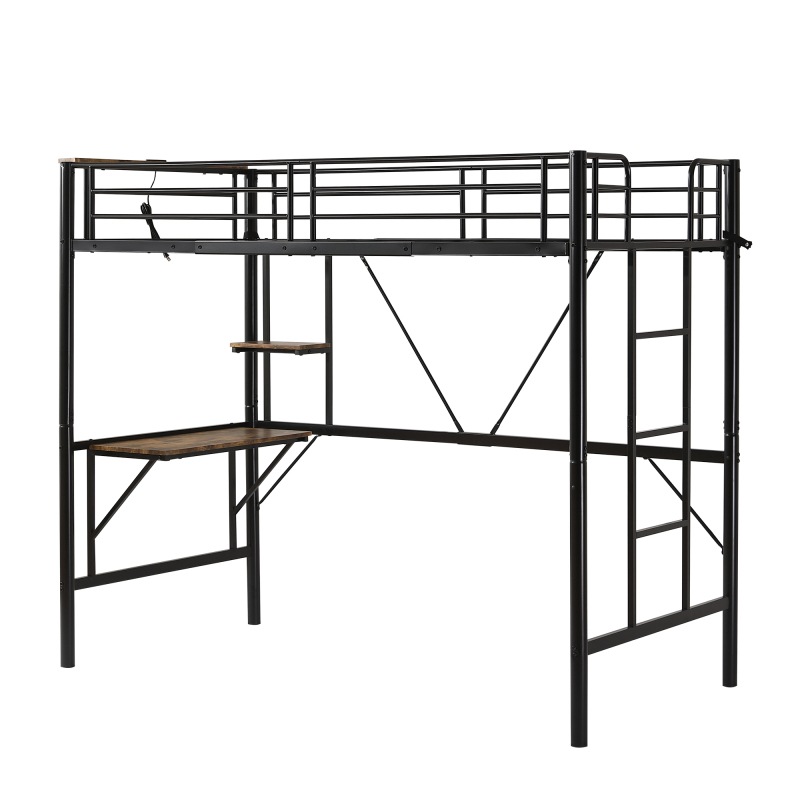 ロフトベッド シングル パイプベッド 収納棚 デスク付き 北欧風 収納 子供ベッド パイプ 金属 はしご