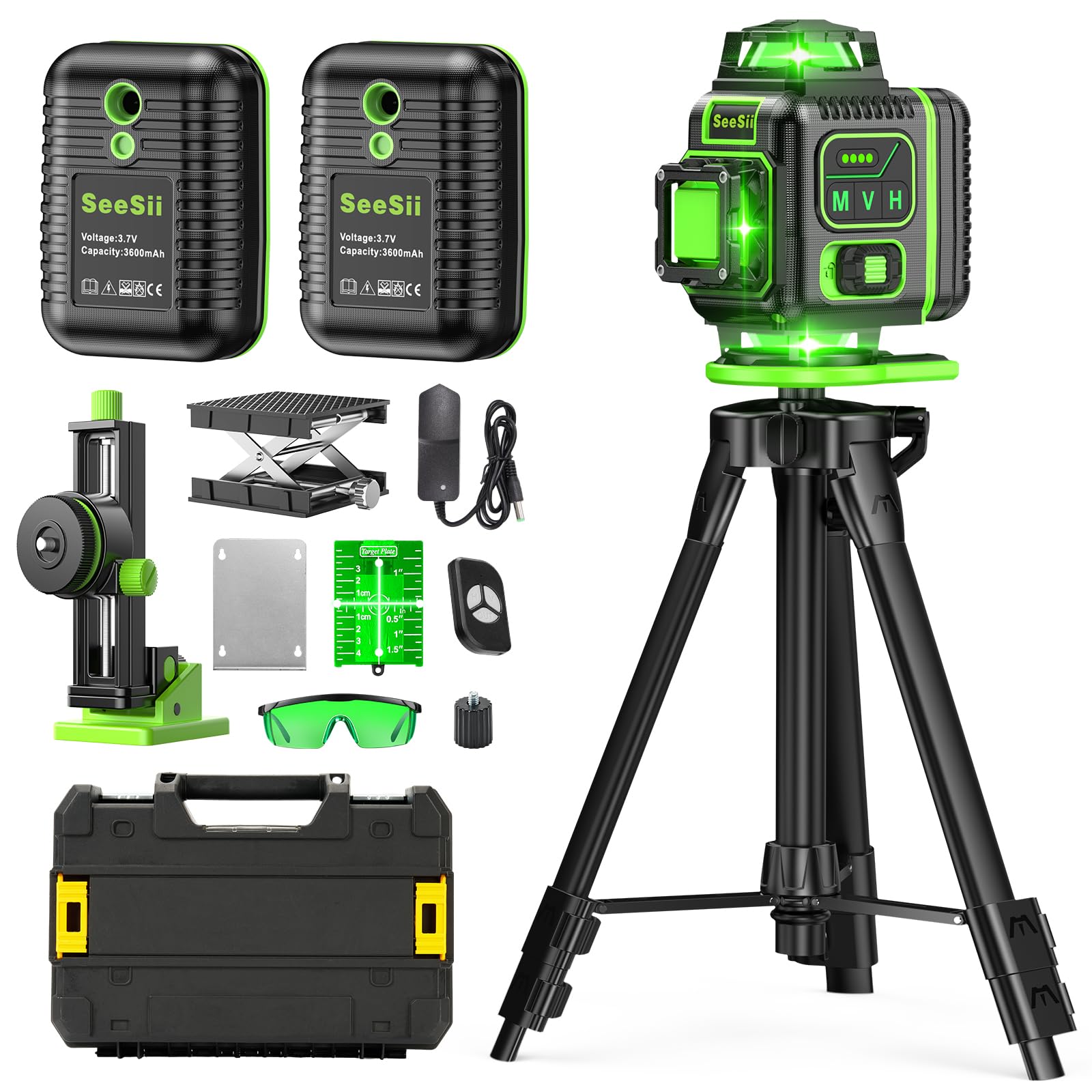 【2025最新改良】SEESII レーザー墨出し器 グリーンレーザー 16ライン 墨出しレーザー 緑色 回転レーザー線 高輝度 高精度 エレベーター三脚付き レーザー水平器 フルラ 81329