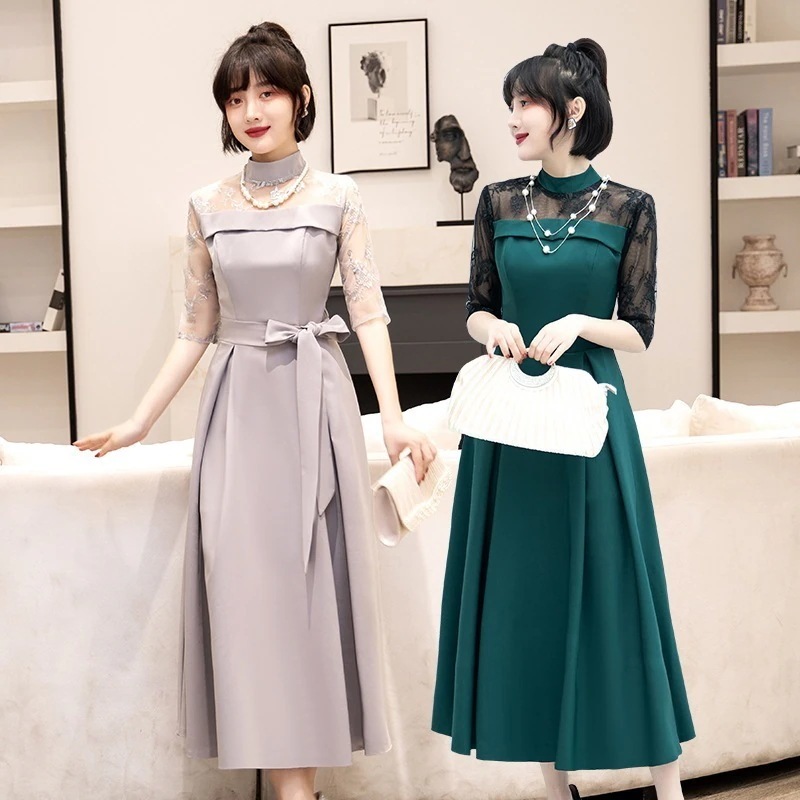 2024新宴会エレガントロング 年次総会ホストドレスワンピース ミッドスリーブの薄いイブニングドレス女性