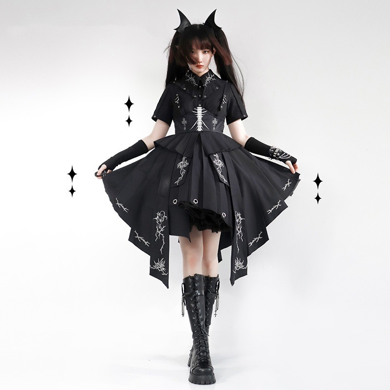 [melonshow] 霧の棘 純黒op ミリタリーloオリジナルロリータデザインワンピース