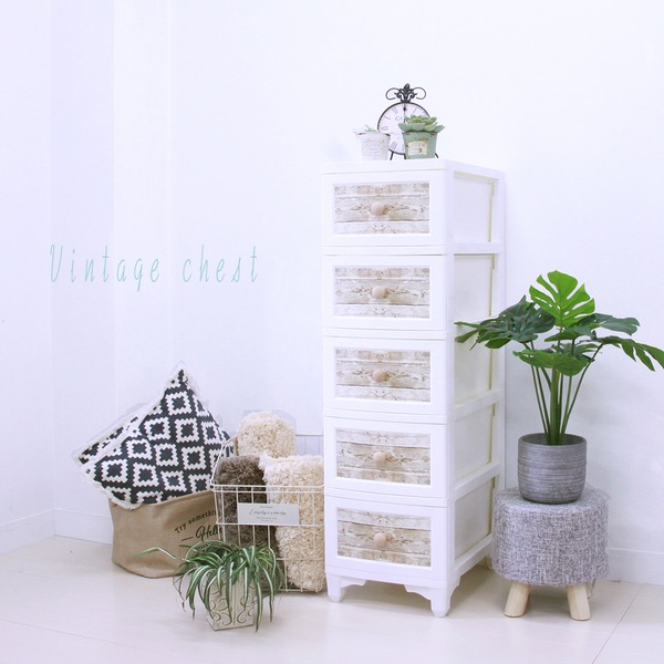 衣類収納 タンス 約幅34cm 5段 アンティークホワイト 日本製 プラスチック 北欧風 ヴィンテージ チェスト 収納家具 組立品