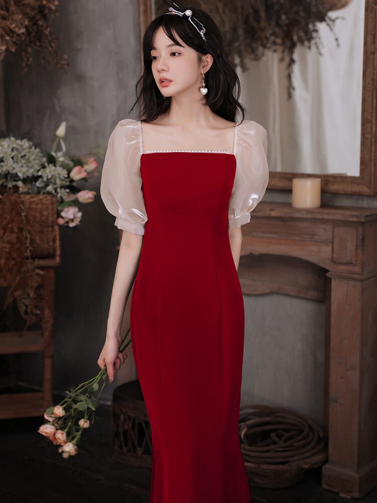 ウエディングドレス,結婚式　ドレス,パーティードレス,ロングワンピース,ドレス ロングドレス,パーティードレス 結婚式敬酒服小背娘夏季平可着婚約ワンピース赤いドレススカート女感スカート