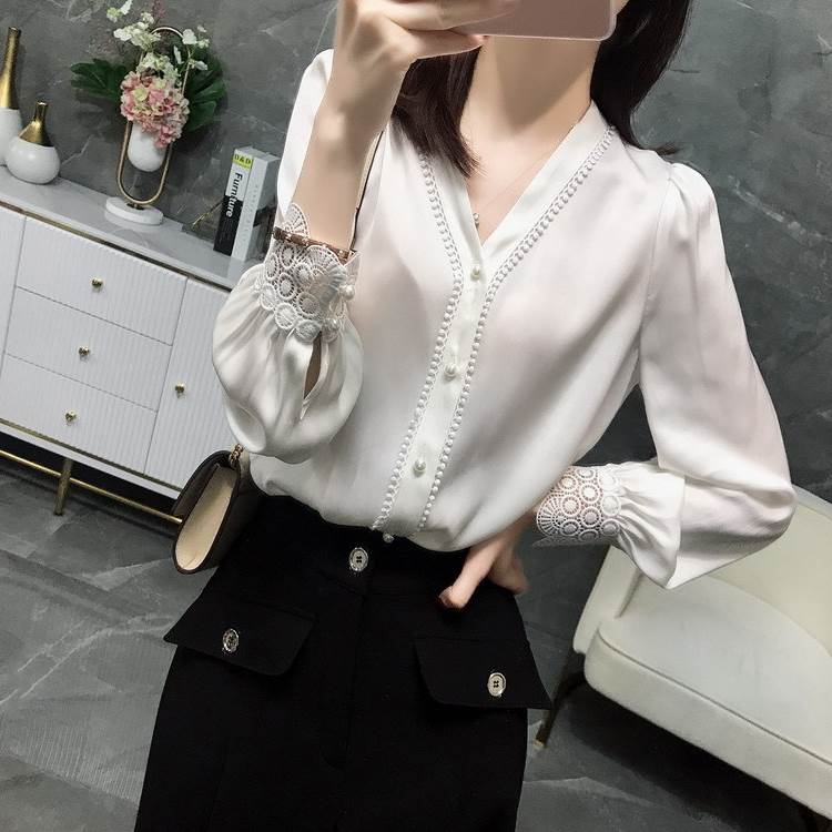 トップス シャツ ブラウス 白 長袖 Vネック ストレート レース シフォン 前開き ボタン パール 個性的 レディース 大きいサイズ XL 2XL 3XL 4XL 5XL 薄手 かわいい きれいめ