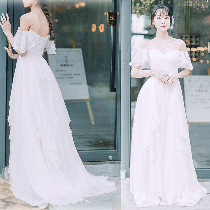 超高品質で人気の ウェディングドレス 結婚式ロングドレス 撮影 海外挙式 安い Aライン 白ワンピース 花嫁 二次会 ドレス