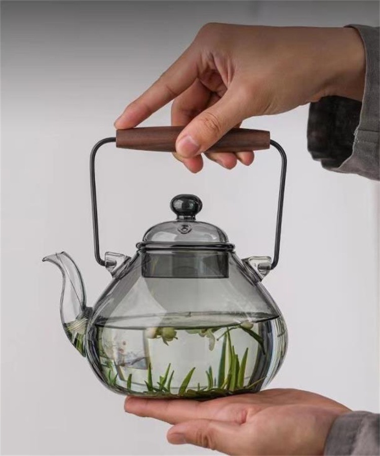 INSスタイル 黒桃木把 提梁壺 お茶煮 大容量 電気陶器炉 大人気 高ホウ素シリコン 高温耐性 ガラスやかん