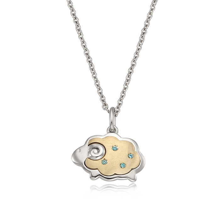 銀十二支羊青色立方ジルコンネックレス5Kコンビと(Silver Oriental Zodiac Lamb Blue Cubic Necklace with 5K Combi)