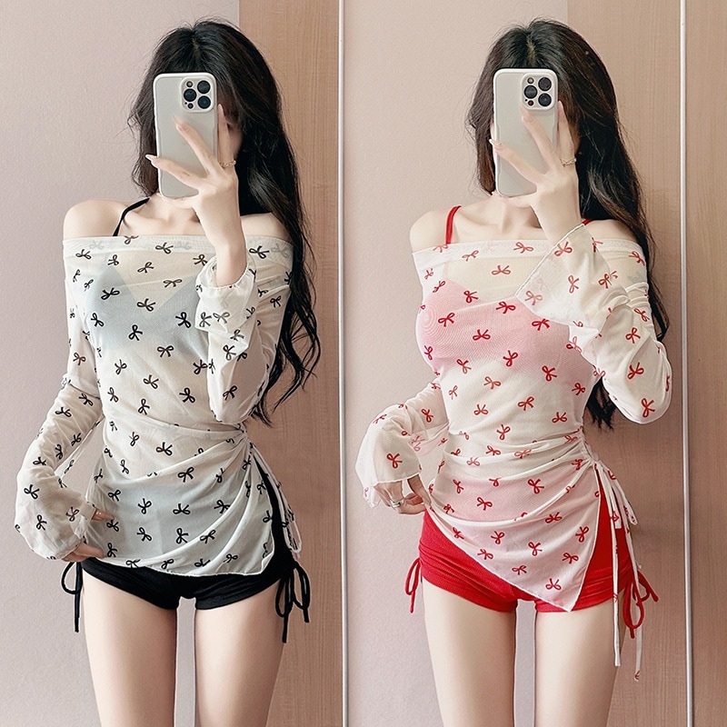 【1つ買うと10つ無料】3ピースビキニスイムスーツガールセンスピュア水着女性ボウボウ長スリーブサンプロテクション