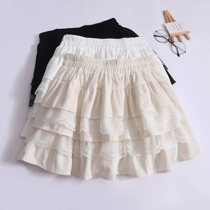 【1つ買うと10つ無料】女の子のレーススプライスされたケーキスカートハイウエストスリムなかわいい -スカートプリンセススカートショートスカートトレンディ