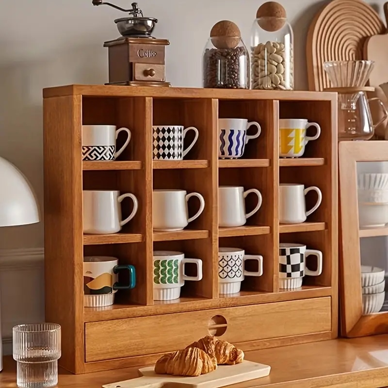 実用的なシェルフ チェリーウッドカラー 無垢材 グリッド コーヒーカップ収納 壁掛けディスプレイラック カップホルダー デスクトップ棚ユーティリティラック