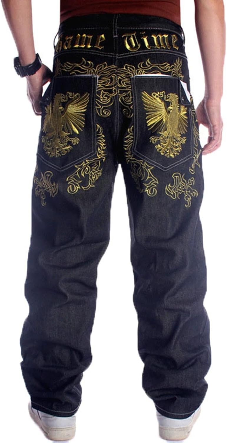 デニムパンツ ジーンズパンツ メンズ 太め ワイド 刺繍 ヒップホップ系 鳳凰柄 大きい 男性 ボトム ロングパンツ 大人 ストリート系 カッコイイ アウトドア スポーティー 秋物 秋冬 バイカージー