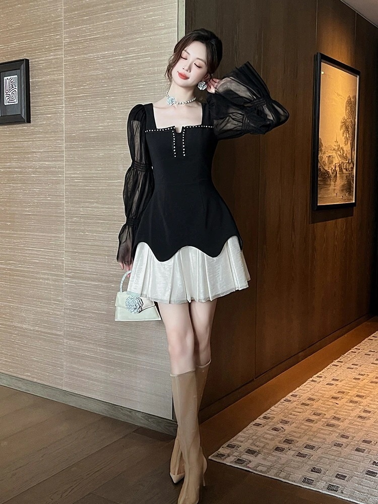 【3日で出荷】秋新品 チュールドッキング フリル ショートワンピース ドレス パーティー キャバ 大人 同窓会 披露宴 卒業式 結婚式 演奏会 ウェディング 二次会 メガ割