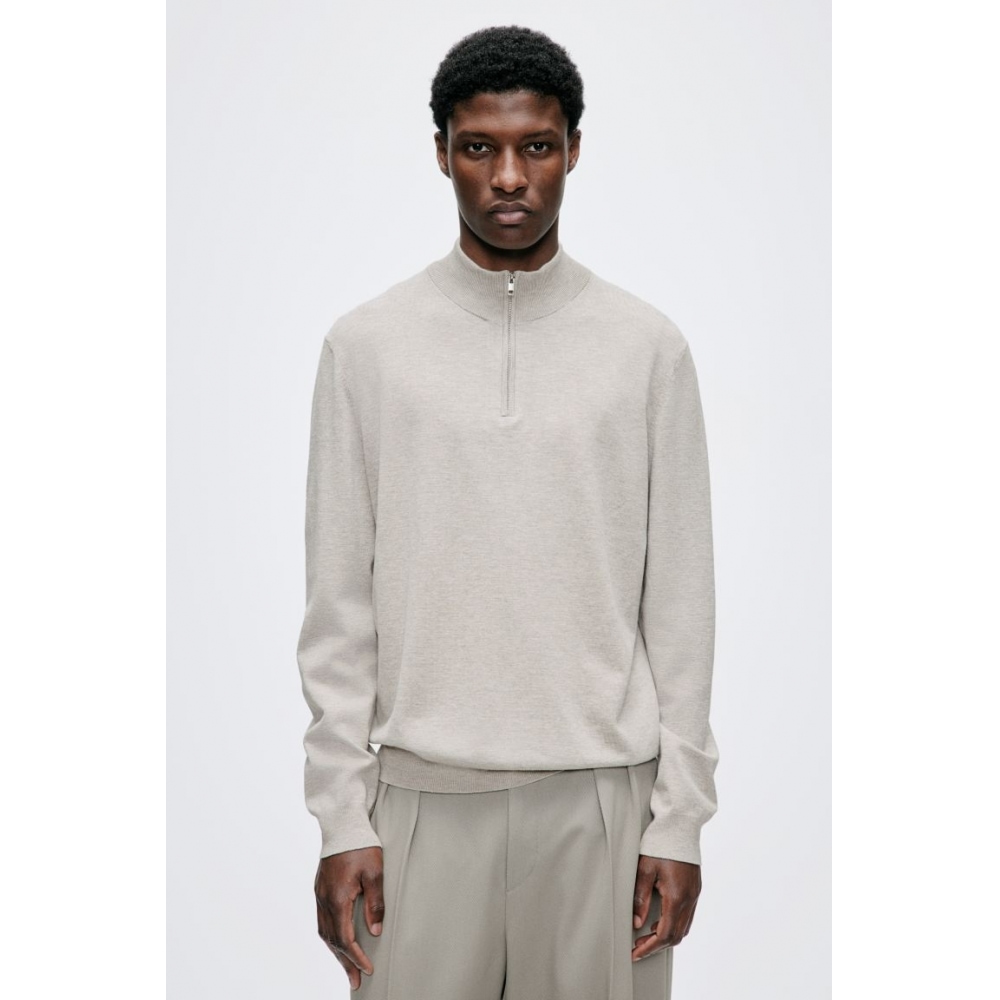 H&M スリムフィットジップトップファインニットセーターライトグレージュメランジ