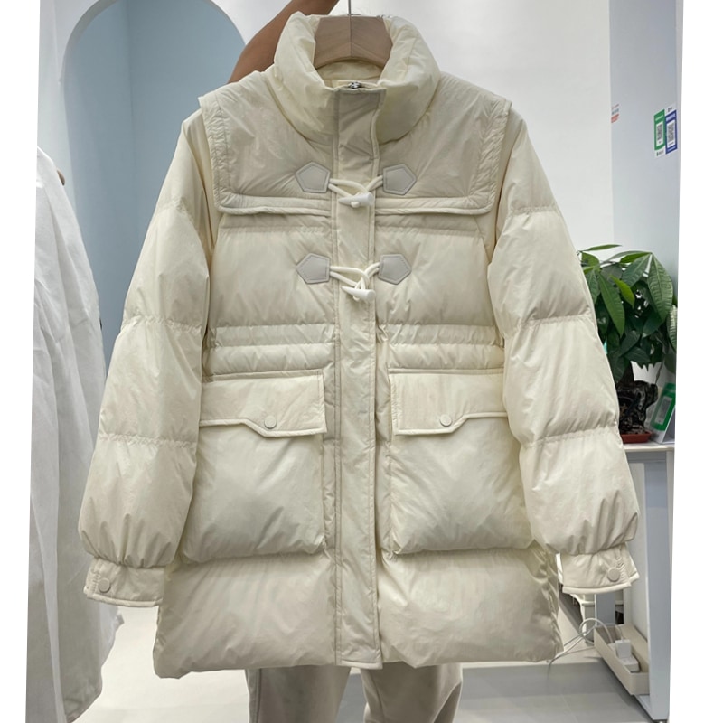 ホワイトホーンボタンダウンジャケットレディースミドル丈2023冬新作韓国ファッションデザインゆったり冬服