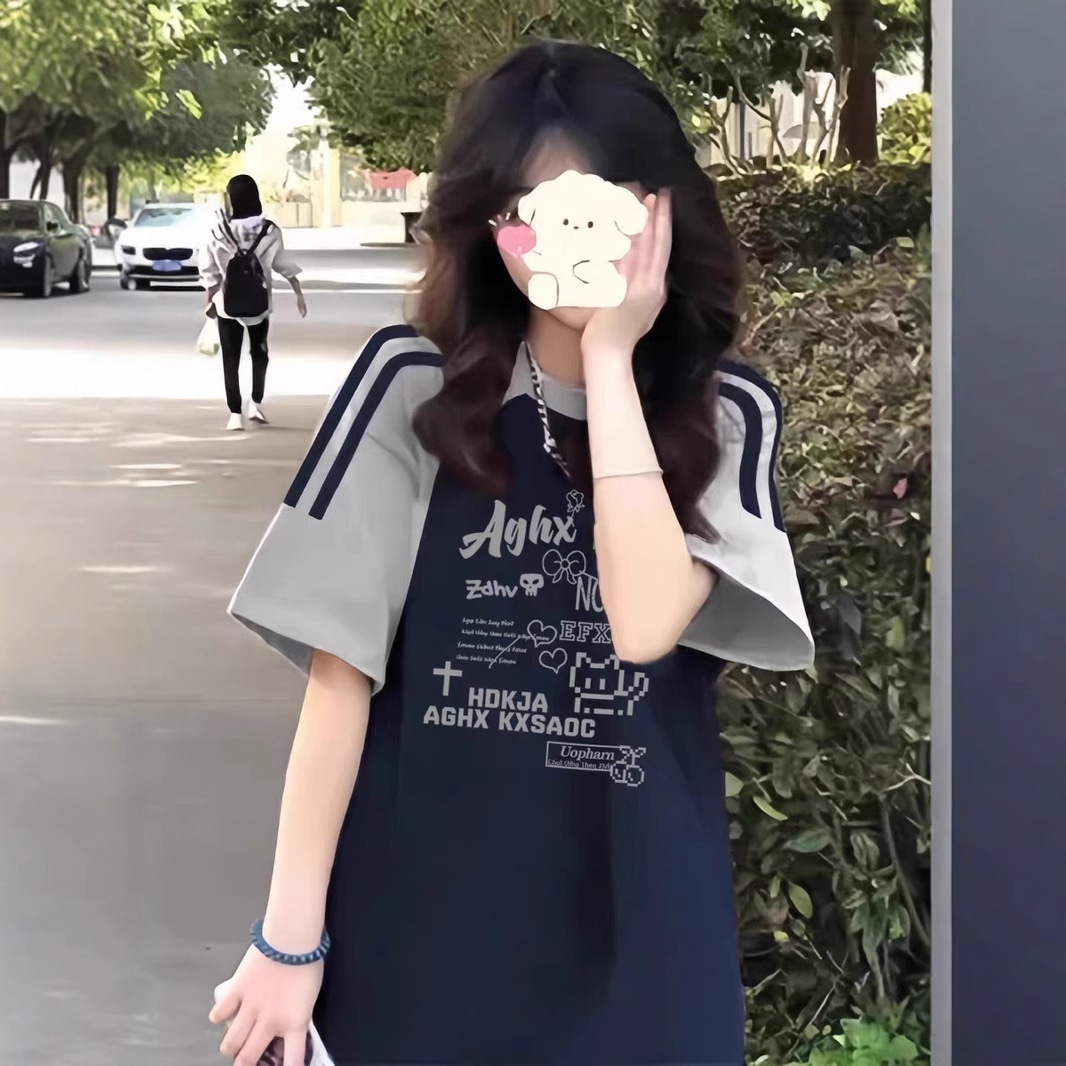 【1点ご購入 で10点プレゼントいたします】純綿グレー紺三条鉄棒半袖Tシャツ女子大生ゆったり半袖上着