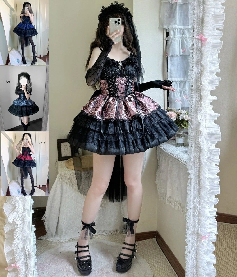 ロリータ服 ロリータ ジャンパースカート キャミソールワンピース プリンセスドレス フリル フレアワンピース 萌え 大人コスチューム ゴスロリ ハロウィン コスプレ衣装 文化祭 学園祭 イ