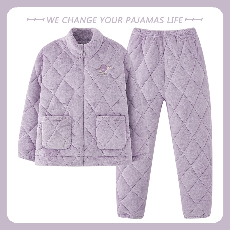 秋と冬のサンゴのベルベットのパジャマ女性の三層ラミネート綿超厚い暖かいホームウェアスーツ