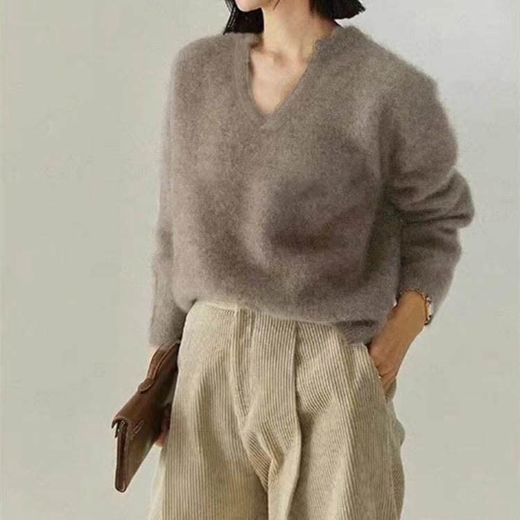 Vネック モヘアニットセーター レディース トップス ニット セーター プルオーバー 丈長 長袖 ドロップショルダー 襟なし リブ モヘア かわいい 大人可愛い きれいめ シンプル カジュアル 上品