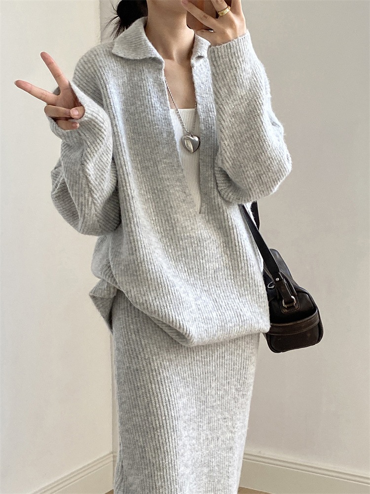 韓国ファッション ゆったり風深Vネックセーター ニットロングスカートハイウエストセット 2025秋 おすすめコーーデ