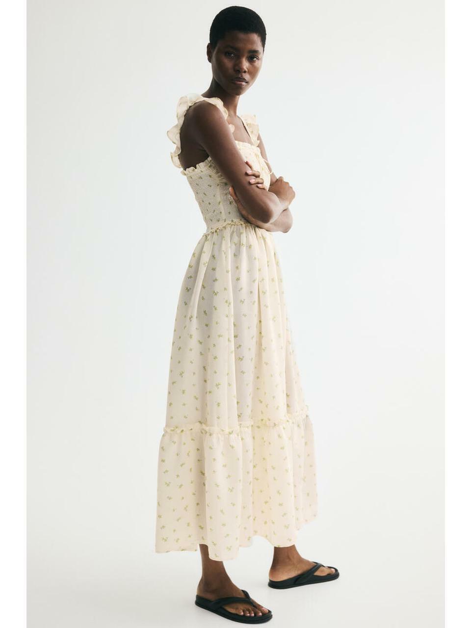 H&M フリルトリムスモーキングボディスドレスクリームレモン 1344019003