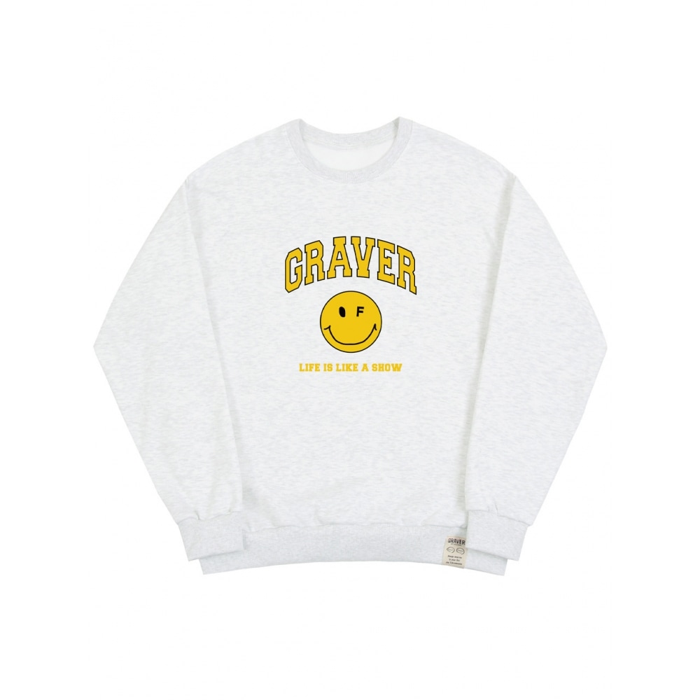 GRAVERアーチロゴライフドットスマイルマンツーマンメランジホワイト