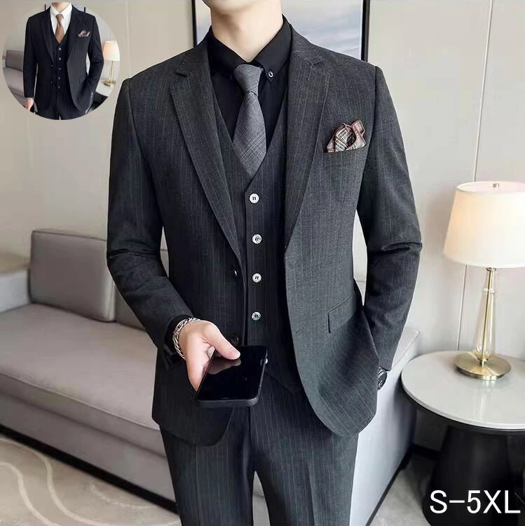 新作 3ピース スーツセット 紳士服 結婚式スーツ メンズスーツ ストライプ 3点セット ジャケット+ベスト+パンツ 韓国風 ビジネススーツ 上下 婚葬祭 通勤 フォーマル シングルスーツ 二次会 披